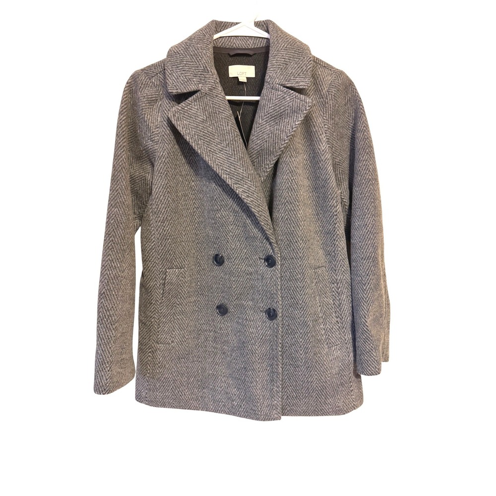 LOFT Womens Grey Herringbone Double Breasted Pea Coat Jacket New Academia Work